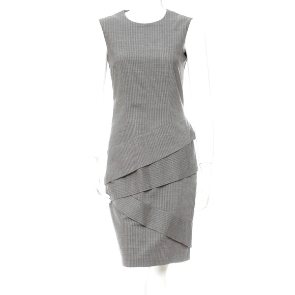 PIAZZA SEMPIONE Grey & White Pinstripe Virgin Wool Sleeveless Tiered Dress US 2 - Picture 1 of 12